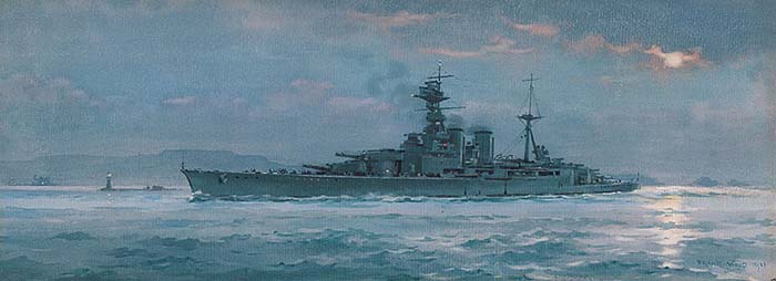 HMS HOOD UNDERWAY AFTER SUNSET, 1921